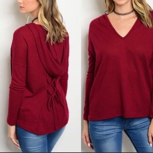 Burgundy lace back sweater with hood